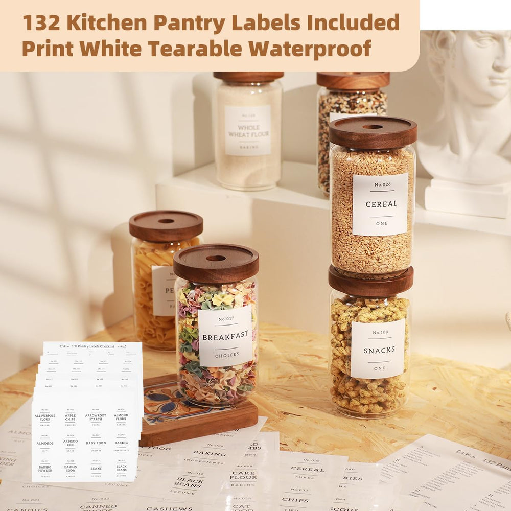 6 Pack Glass Canisters with Airtight Acacia Lids and 132 Kitchen Pantey Label...