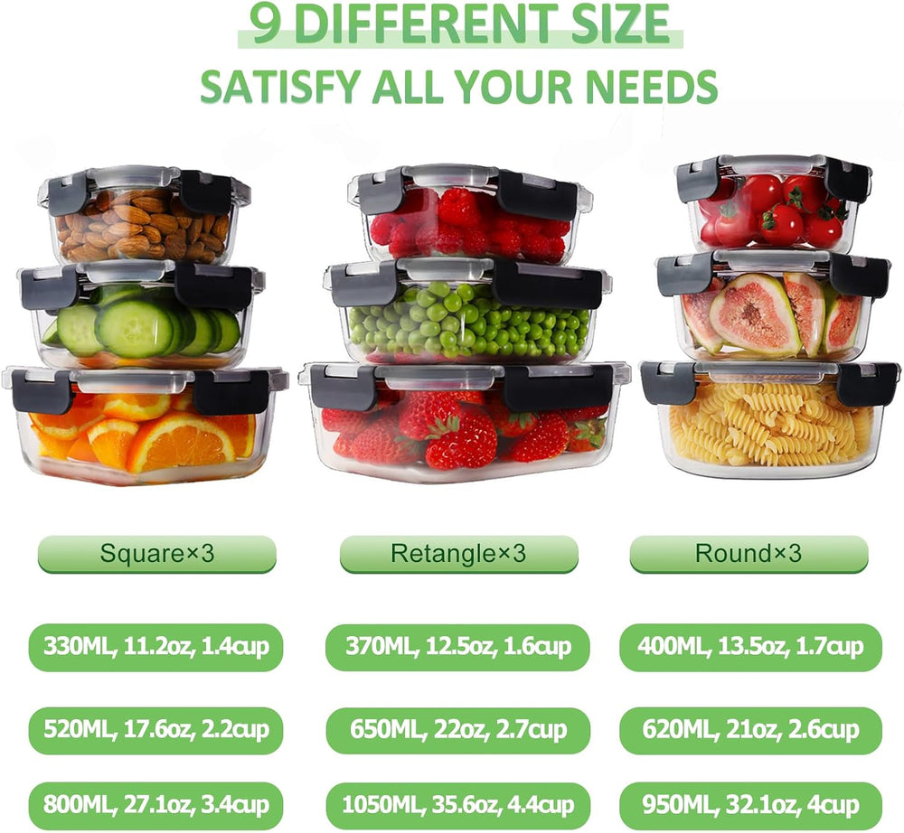 18 Piece Glass Food Storage Containers with Snap Locking Lids for Meal Prep
