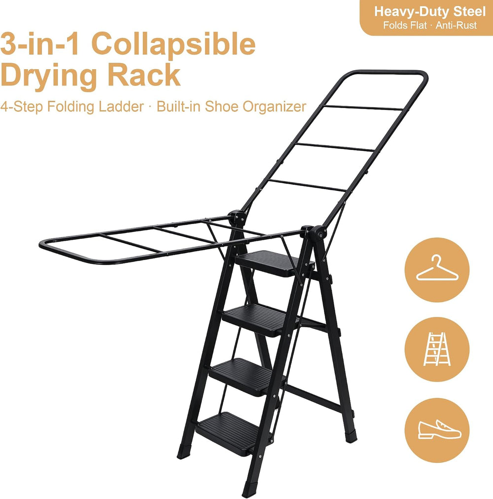3 in 1 Clothes Drying Rack with 4 Step Folding Ladder, Collapsible Laundry Dr...