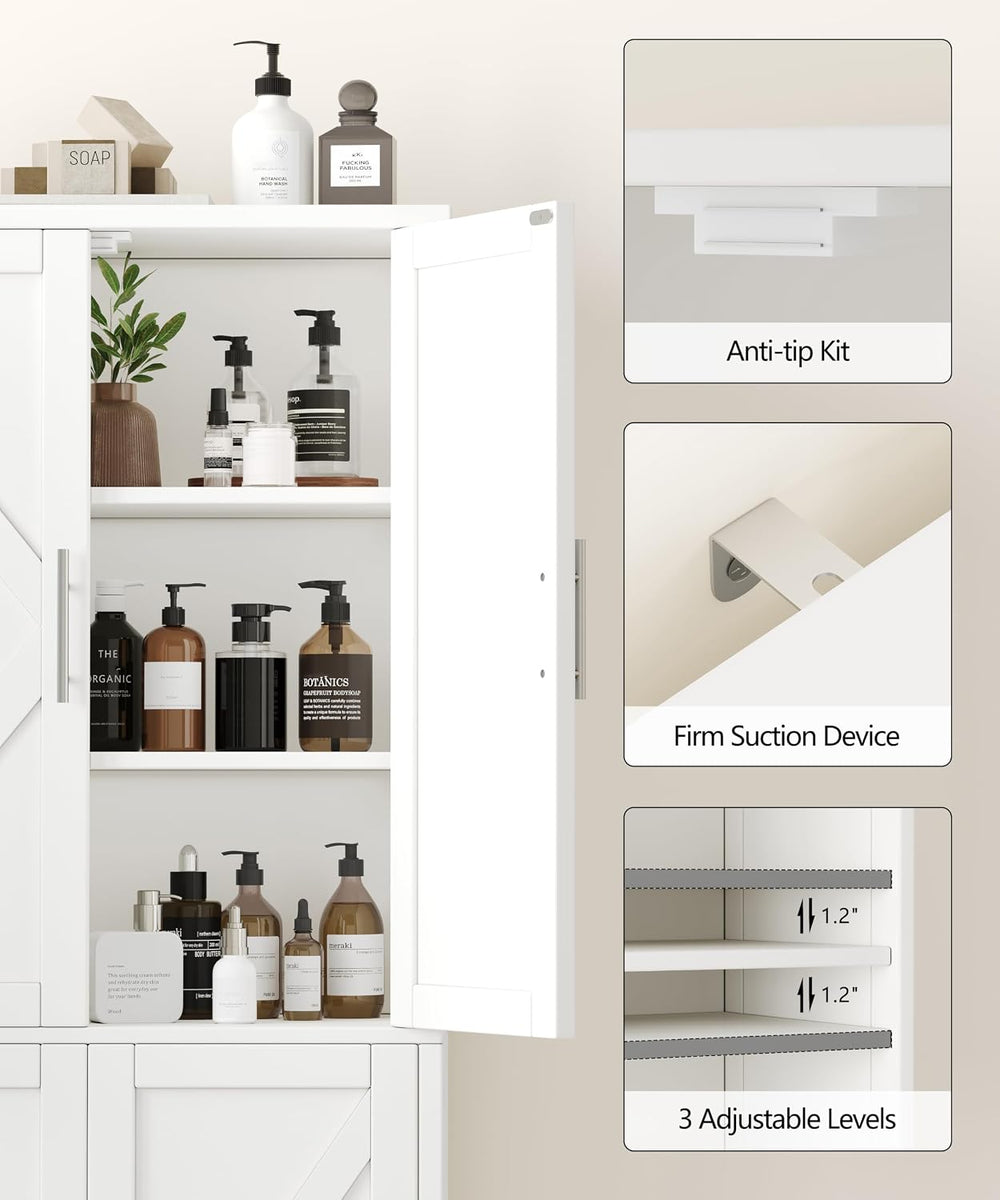 Akxomel 63''H Tall Farmhouse Bathroom Storage Cabinet with 4 Doors White