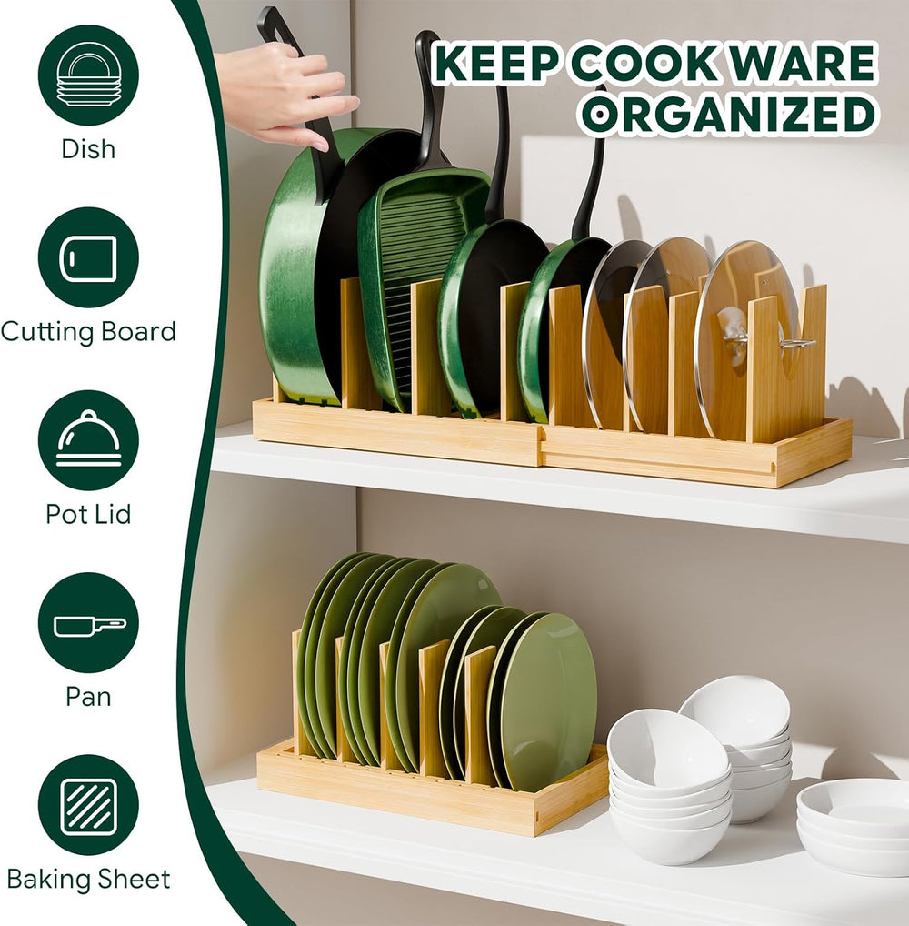 Simple Trending Bamboo Pot and Pan Organizer, Expandable Lid Holder Rack