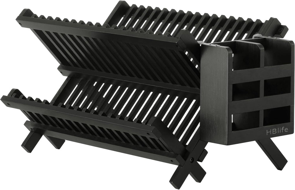HBlife Dish Rack, Bamboo Folding 2-Tier Collapsible Drainer Dish Drying Rack ...