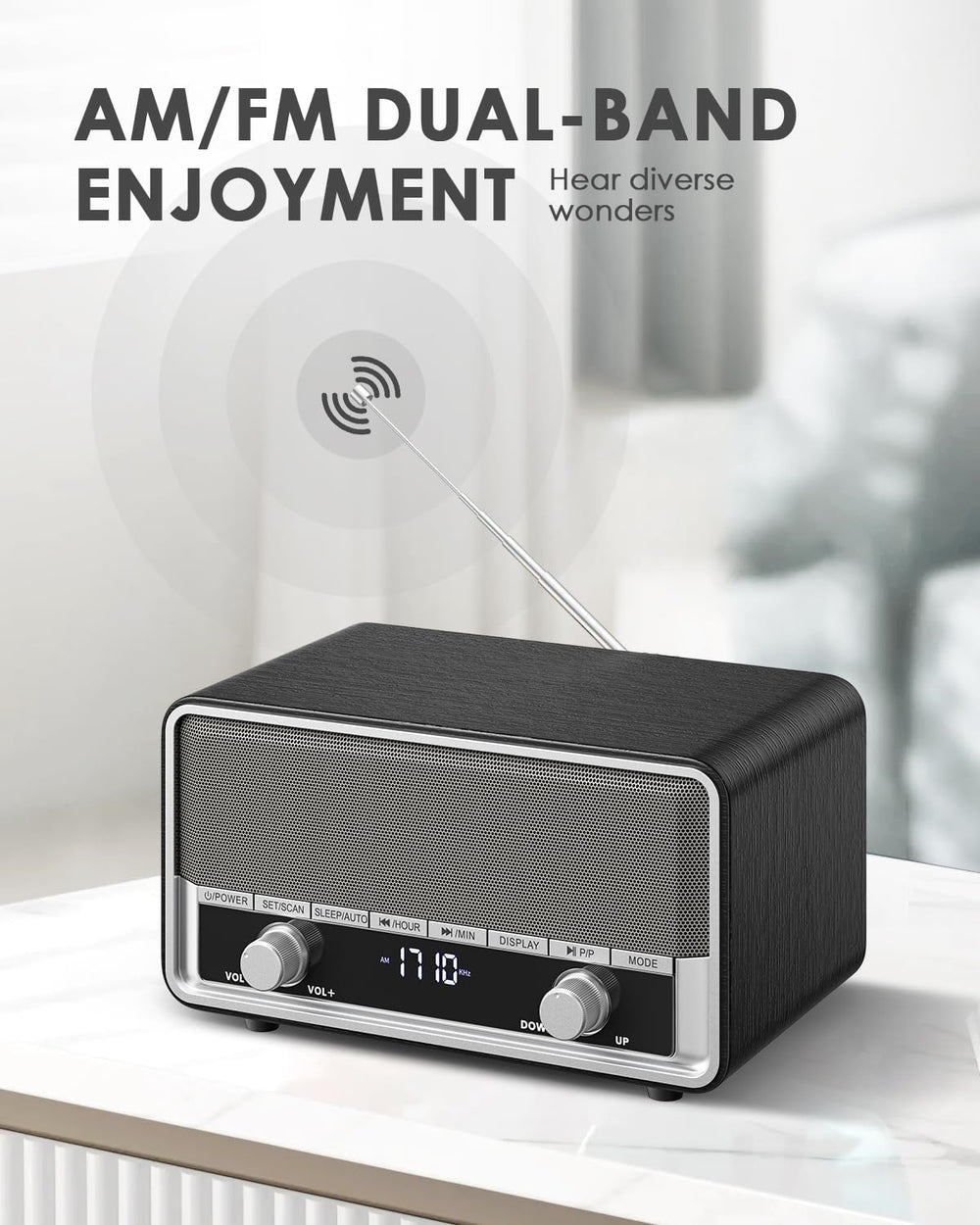 Retro Wood AM FM Bluetooth Radio with Time/Station Display
