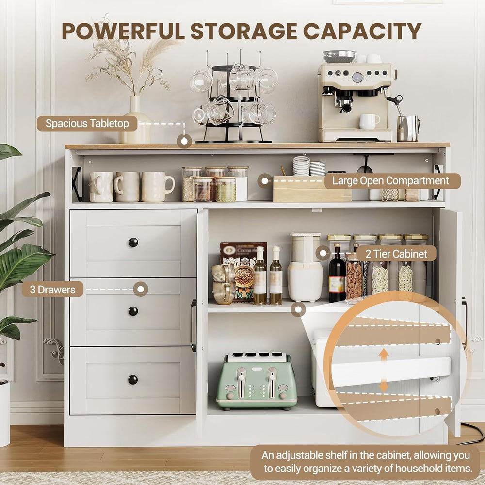 47.2'' Sideboard Buffet Cabinet with Storage, 3 Drawers 2 Doors, White