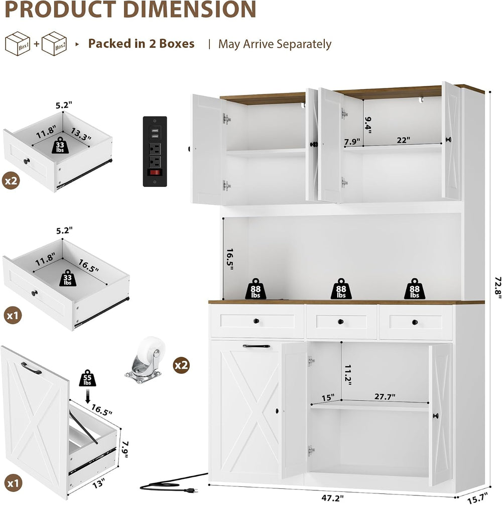HOSTACK 72" Kitchen Pantry with 13 Gallon Pull Out Trash Can Cabinet, White