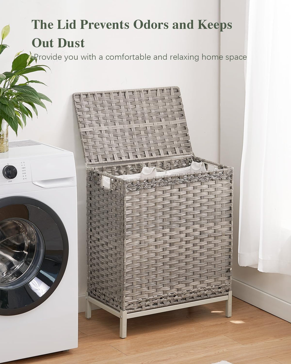 SETVSON Laundry Hamper with Lid, 112 L Handwoven PE Rattan Wicker, Gray