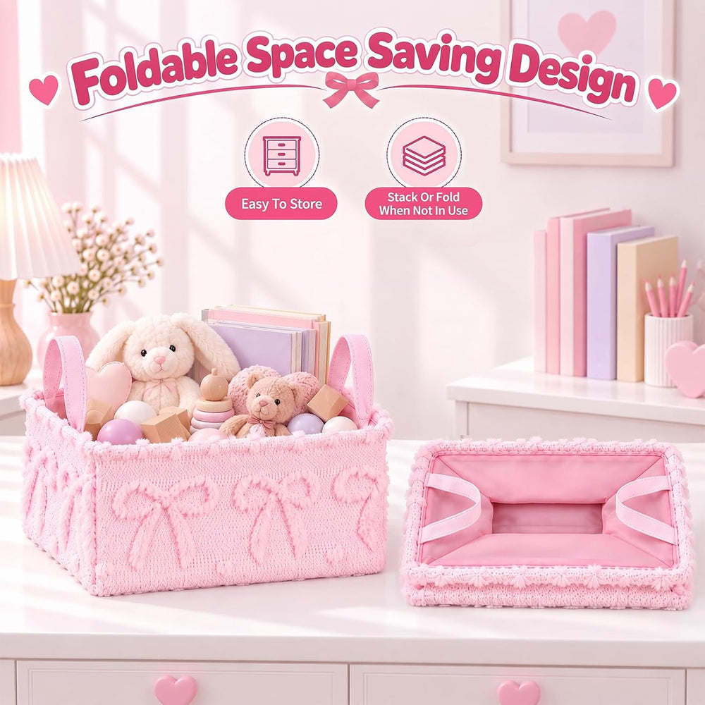 2 Pack Pink Bow Storage Baskets, 14x10'' Foldable Bins with Handles
