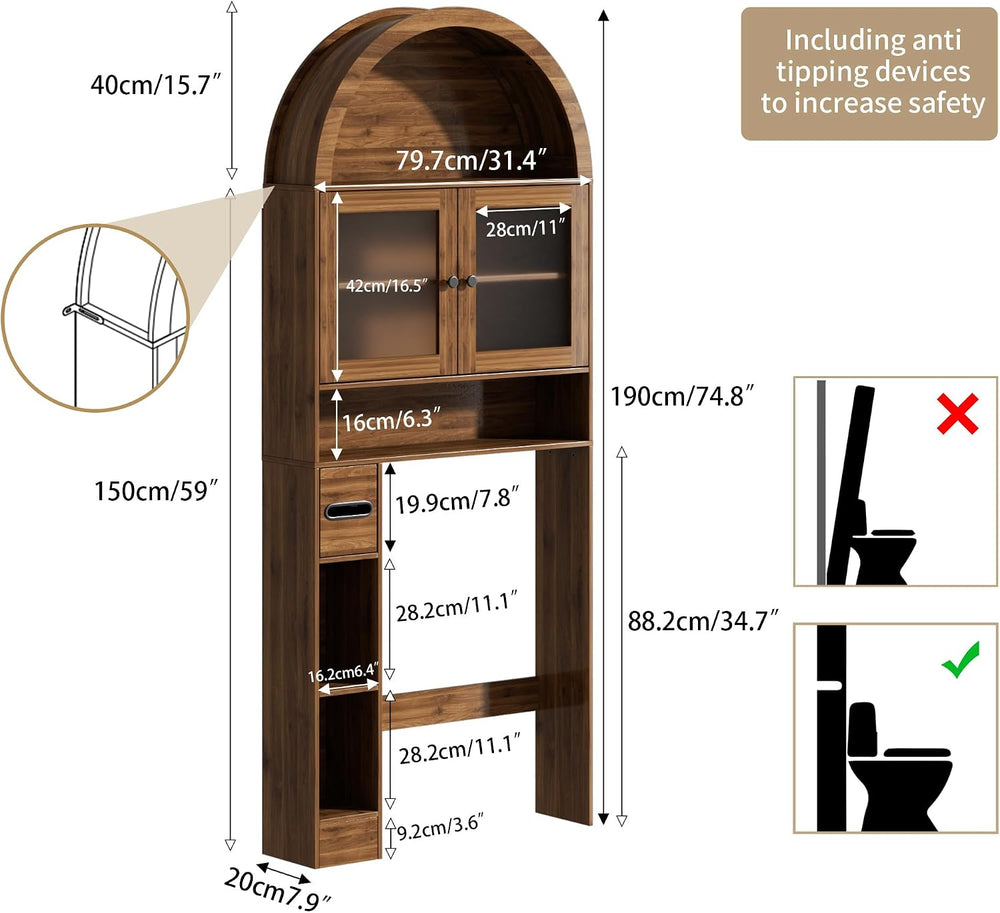 Arched Over The Toilet Storage Cabinet, Glass Door Bathroom Shelf Organizer