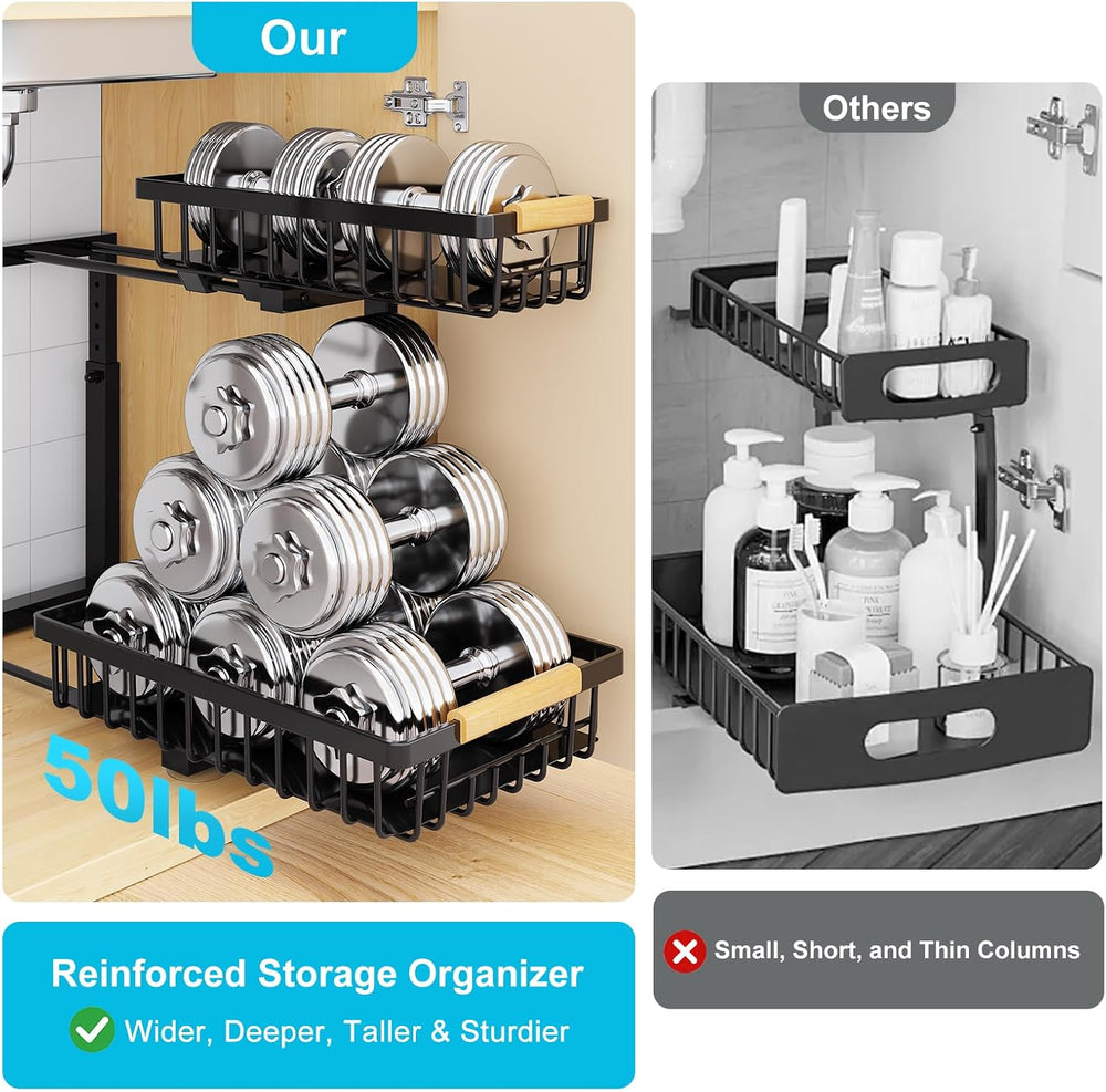 Under Sink Organizer 2 Pack,Adjustable Height 2-Tier Slide Out Drawer,Black