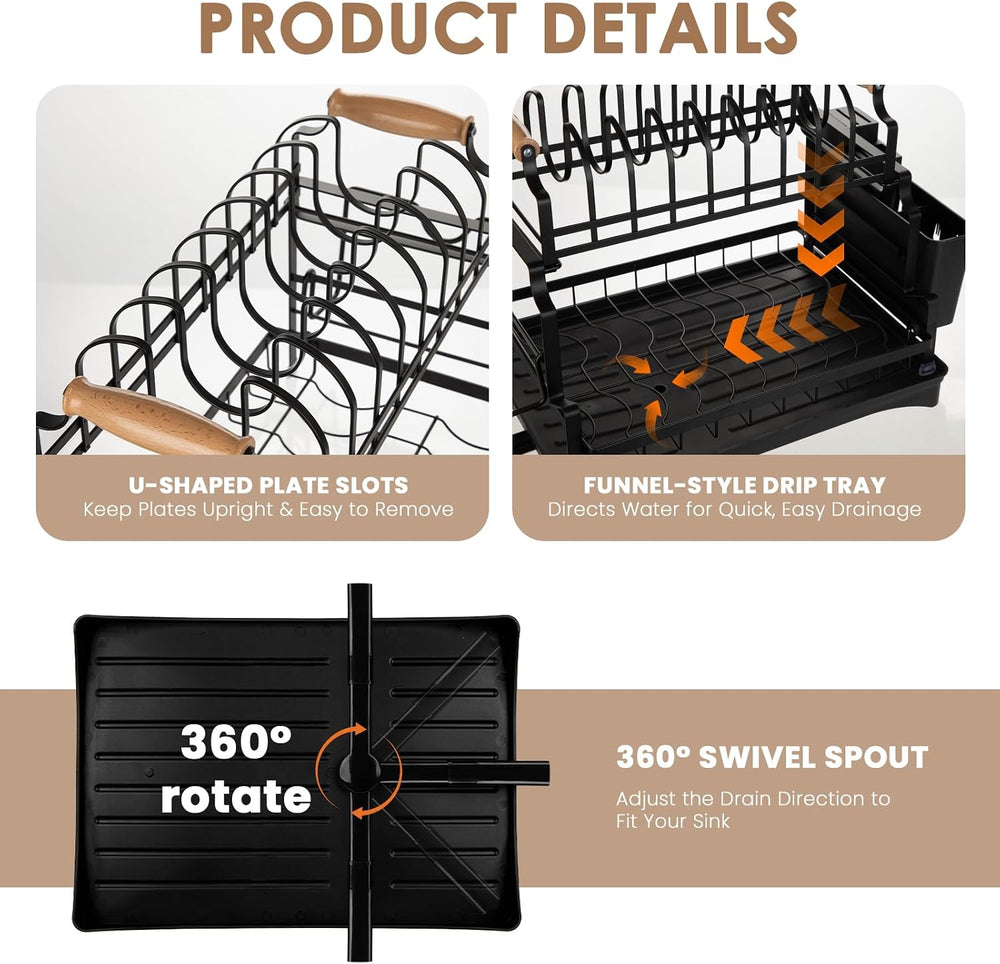 Briful 2 Tier Dish Drying Rack with Drainboard for Kitchen Counter, Black