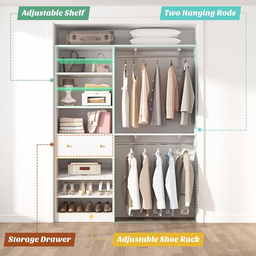 Closet System with Drawer - Reversible 5FT Wood Closet Organizer System with ...