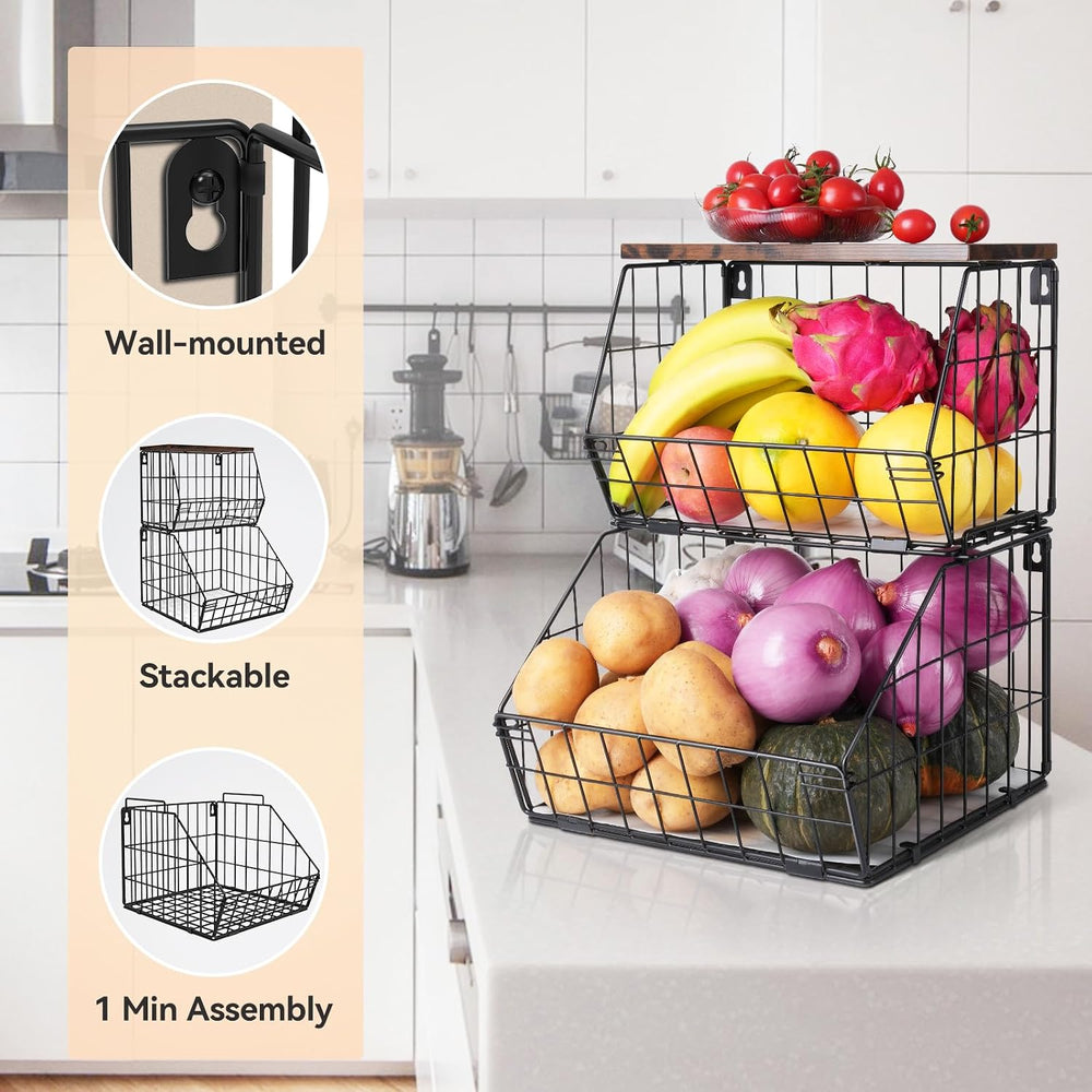 2 Tier Stackable Wall Mounted Hanging Basket, Fruit Basket for Kitchen Counte...