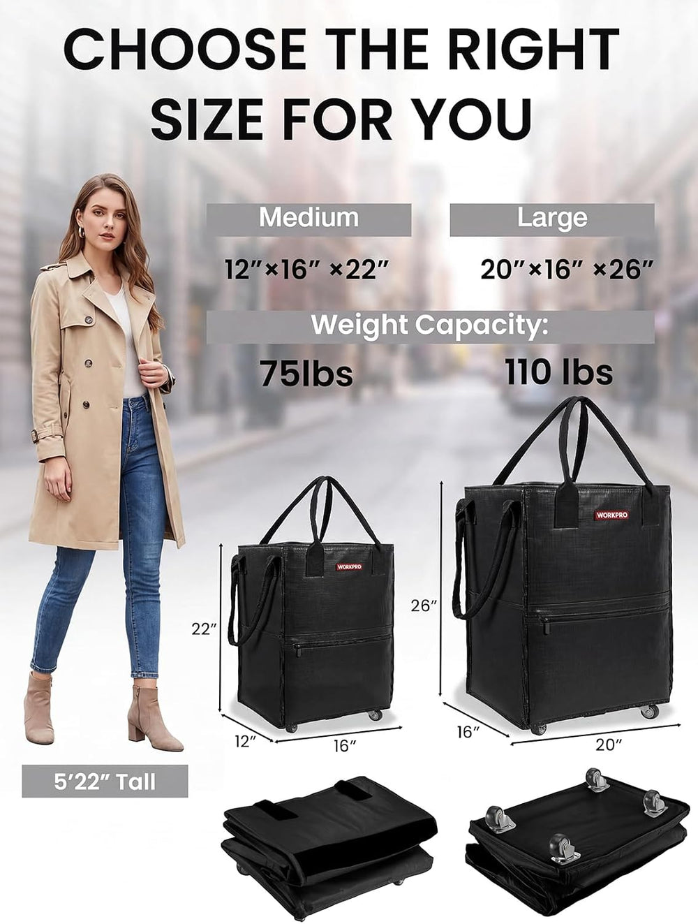 WORKPRO Medium Rolling Grocery Bag, 18-Gallon Shopping Tote with 4 Wheels
