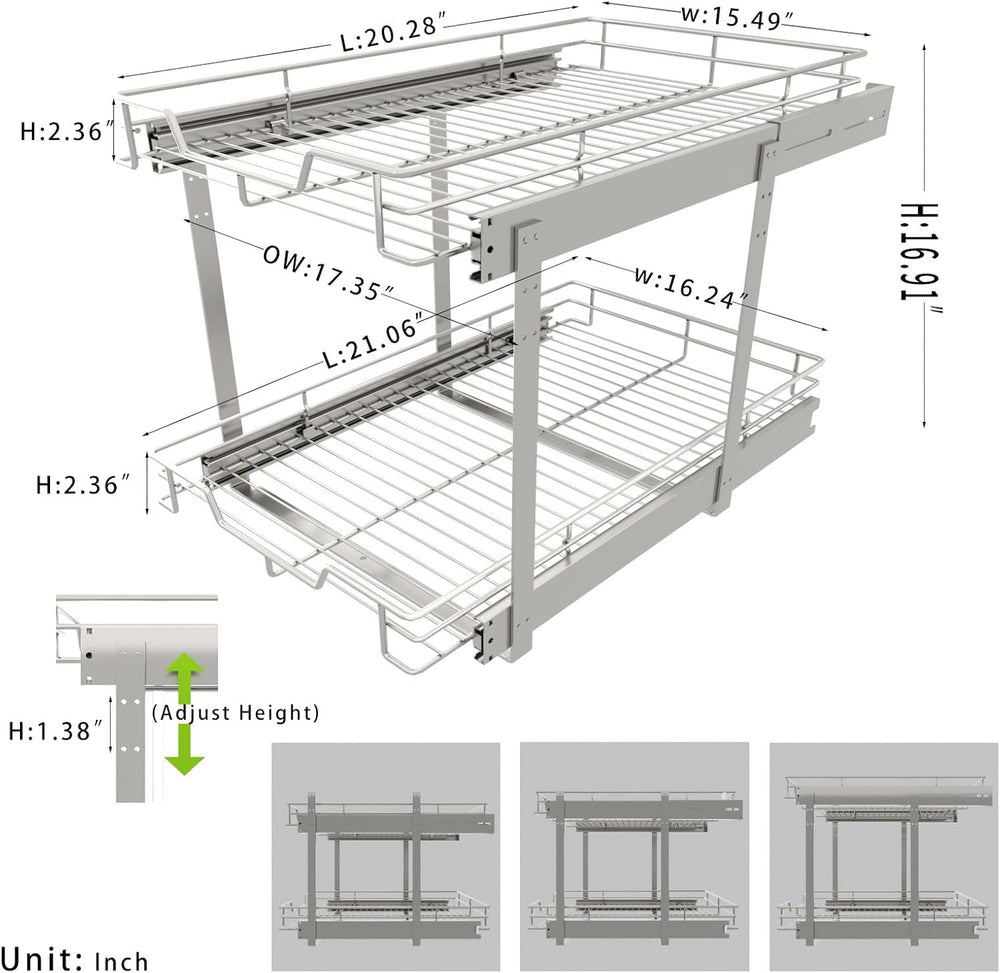 EZKAZA Pull Out Cabinet Organizer 17.5" W x 21" D, 2-Tier Kitchen C...