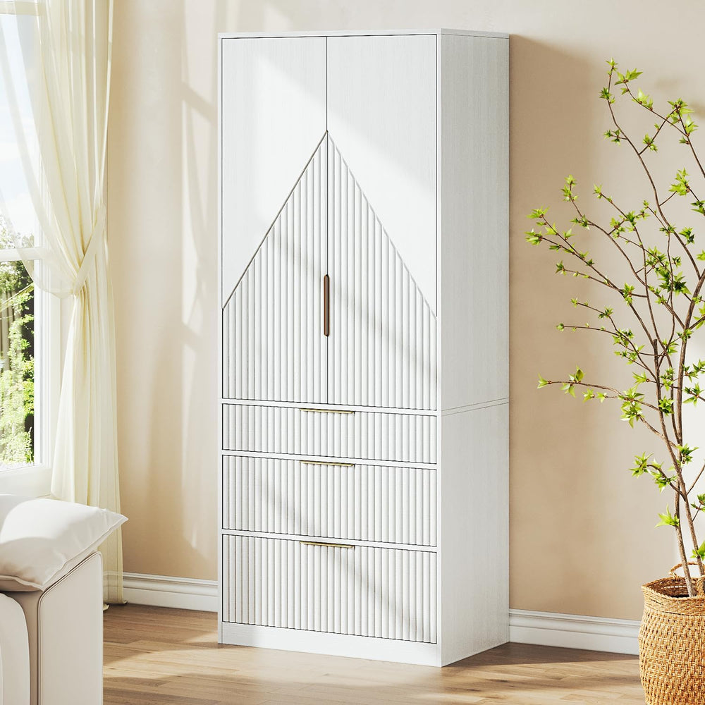 70" Wardrobe Armoire Wooden Closet with 2 Doors and 3 Drawers, Bedroom A...