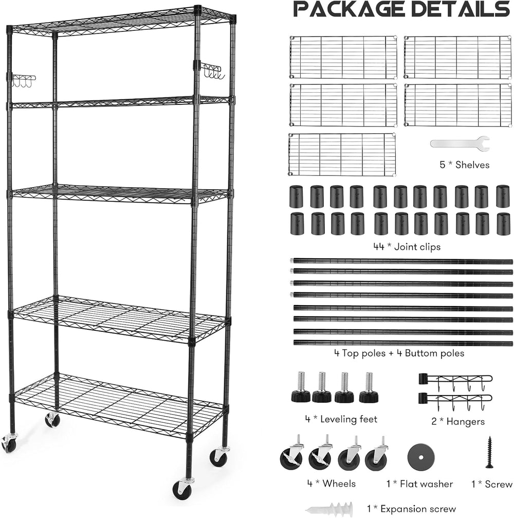 YNN Storage Shelves,1750Lbs 5 Tier Heavy Duty Metal Rolling Shelving Unit wit...