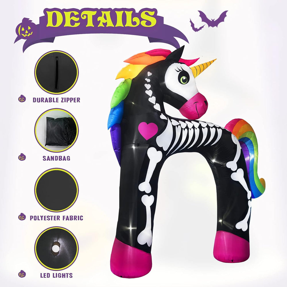11FT Giant Halloween Inflatables Arch, Rainbow Skeleton Unicorn Decoration