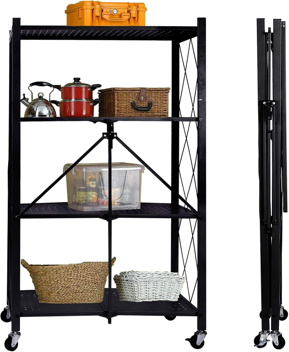 Storage Shelving Unit with Wheels, 4-Tier Perforated Sheet Layer Foldable Met...