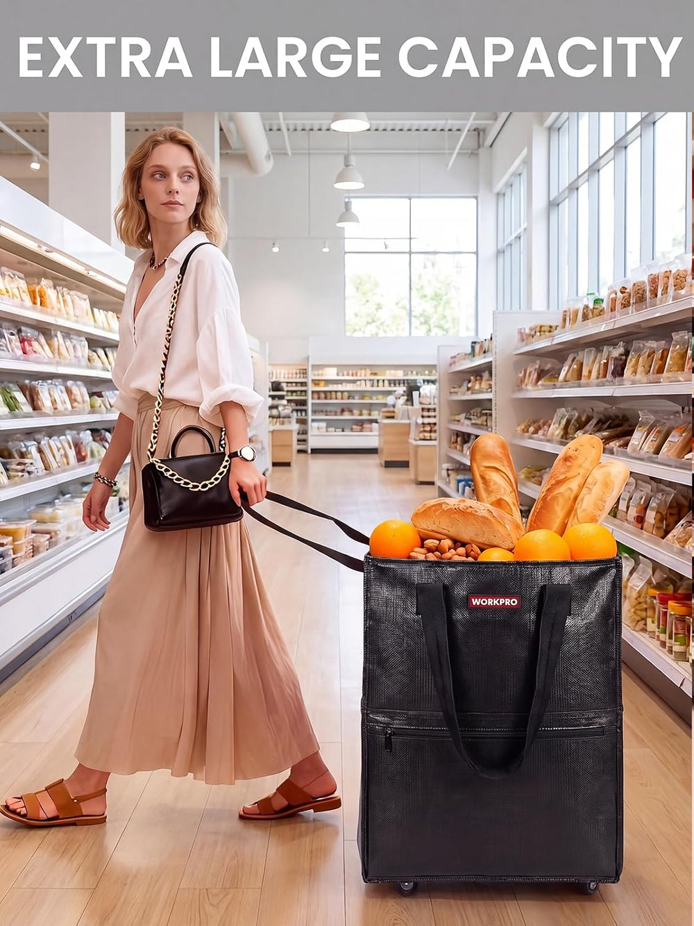 WORKPRO Medium Rolling Grocery Bag, 18-Gallon Shopping Tote with 4 Wheels