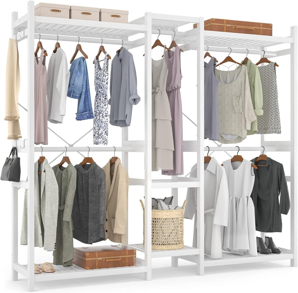 Homykic Bamboo Clothing Rack with 7 Shelves, 5 Hang Rods, 70” Wide, White
