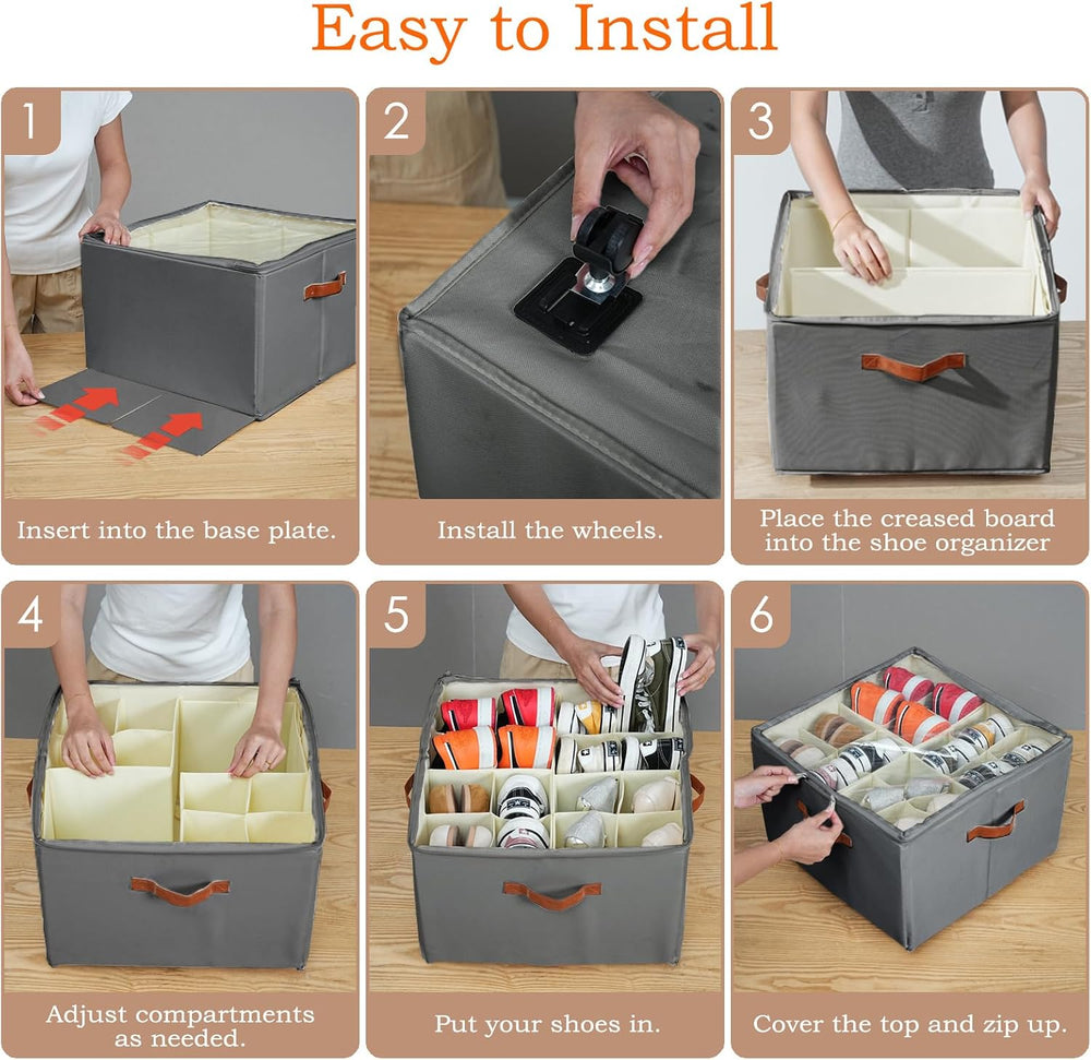 Foyego 2 Pack Shoe Organizer for Closet, Shoe Storage with Wheels, Gray