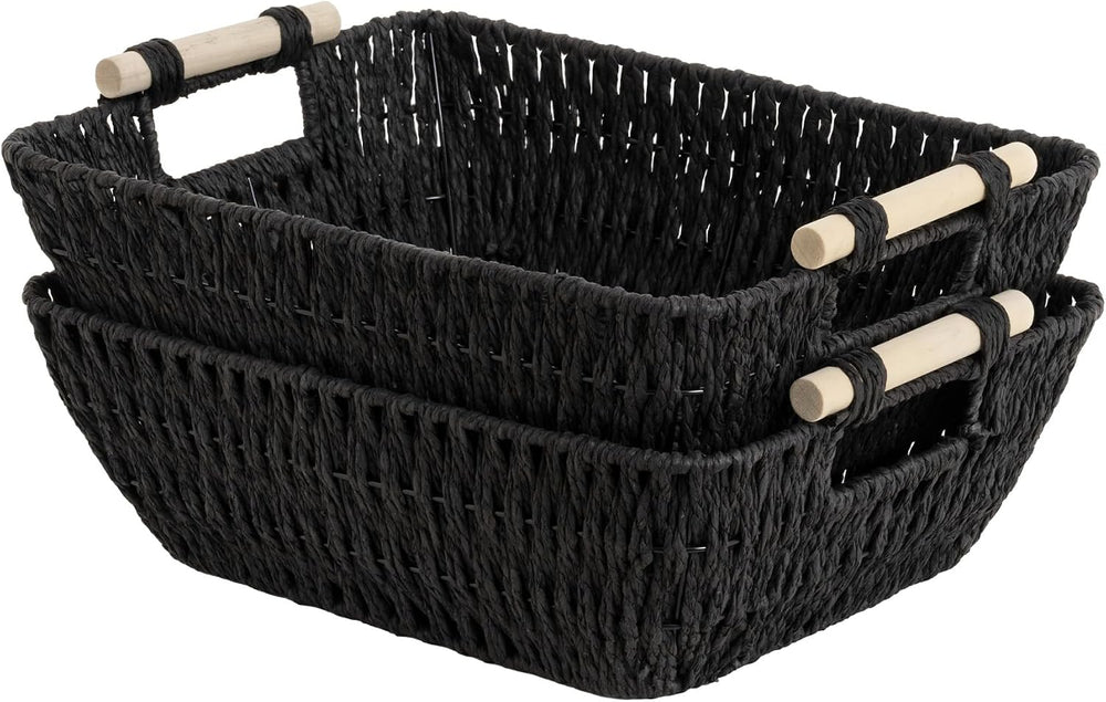 StorageWorks Wicker Storage Baskets for Shelves, 2 Pack Black Wicker Basket