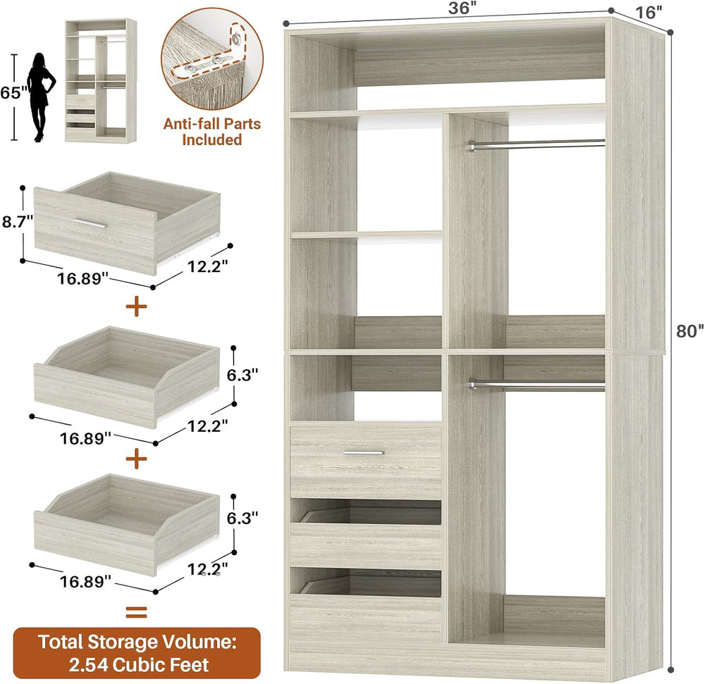 36 Inches Modular Closet Drawers System, 3FT Wood Closet Organiser with Close...