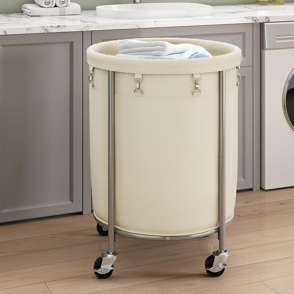 ELYKEN 190L Laundry Basket with Wheels, Steel Frame, Removable Bag, Cream