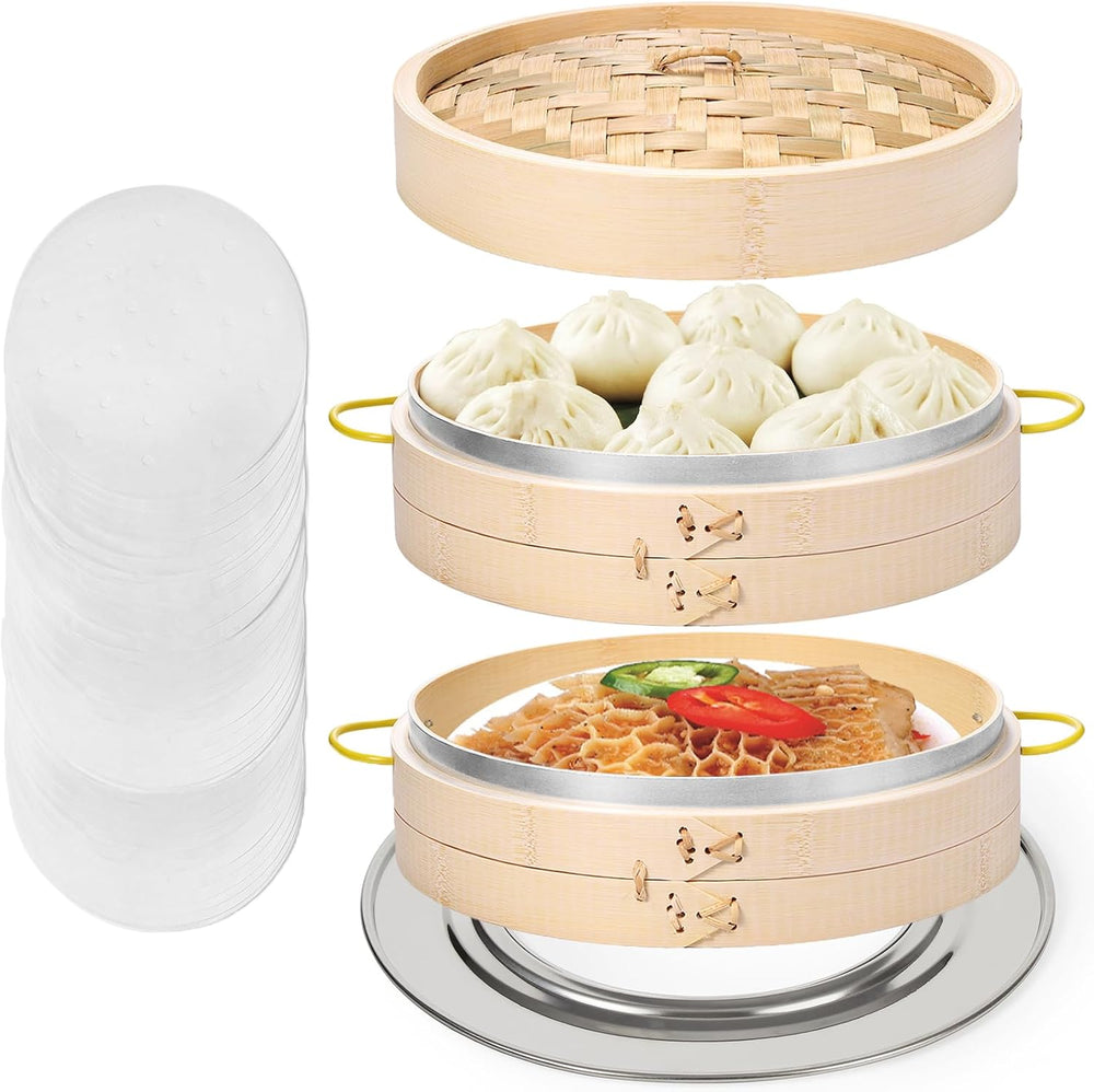MacaRio 10 Inch Bamboo Dumpling Steamer Basket Set with Ring Adapter