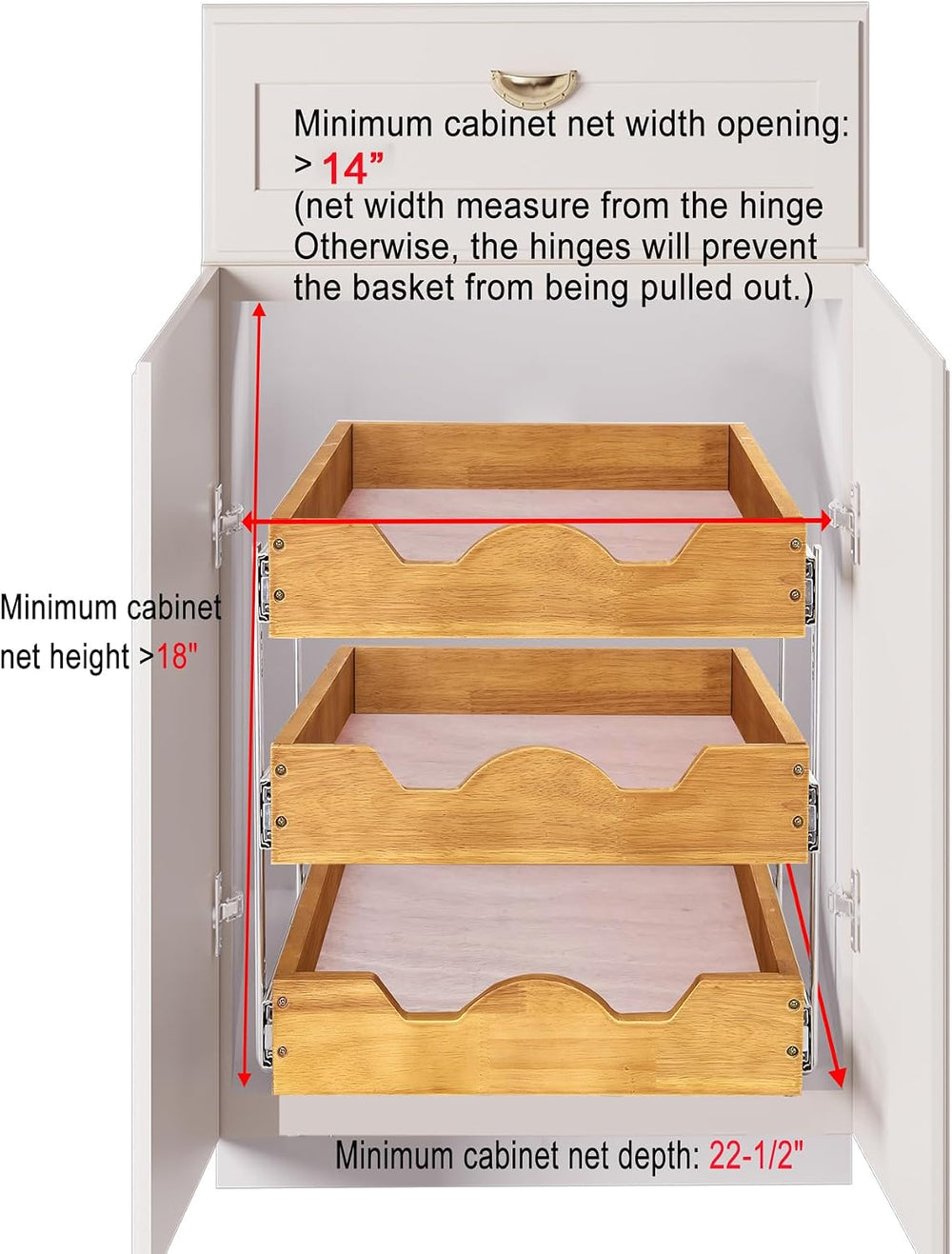 DINDON 3 Tier Pull Out Cabinet Organizer 14”W X21”D Slide Out Shelves With Sh...