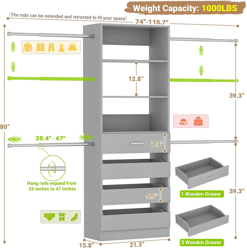 Aheaplus Closet System, 4-9Ft Closet Organizer with 4 Wooden Drawers, Grey