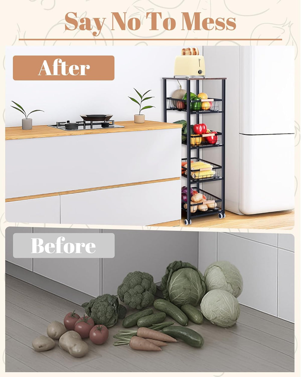 Mythinglogic 5-Tier Fruit & Vegetable Rolling Cart with 4 Pull-Out Baskets