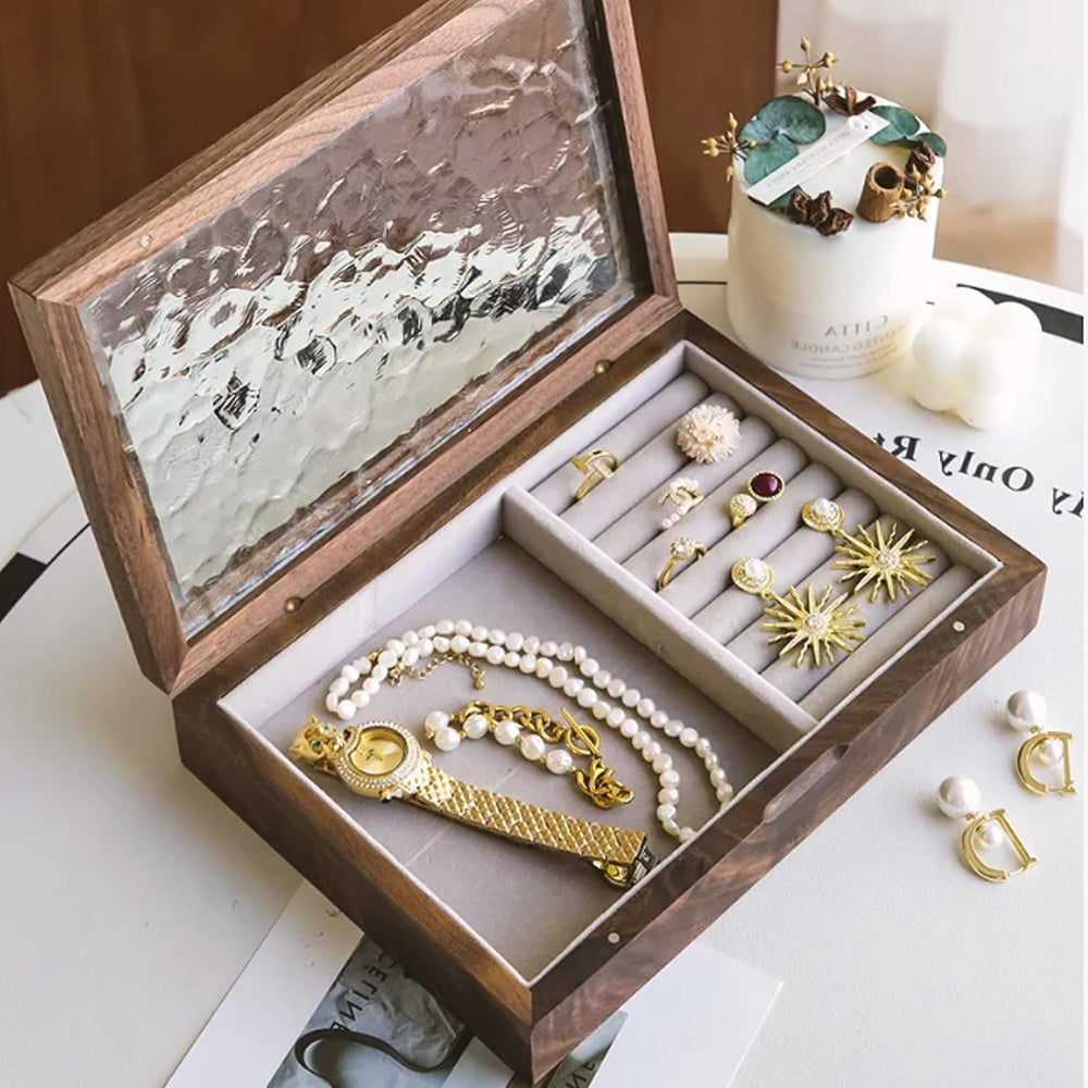 Wooden Jewelry Box with Glass Lid, Multi-Compartment Jewelry Display Case, Li...