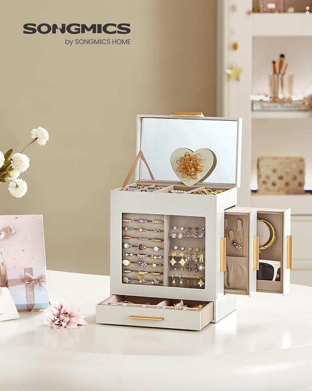 SONGMICS 5-Layer Jewelry Box with Glass Window, 3 Side Drawers