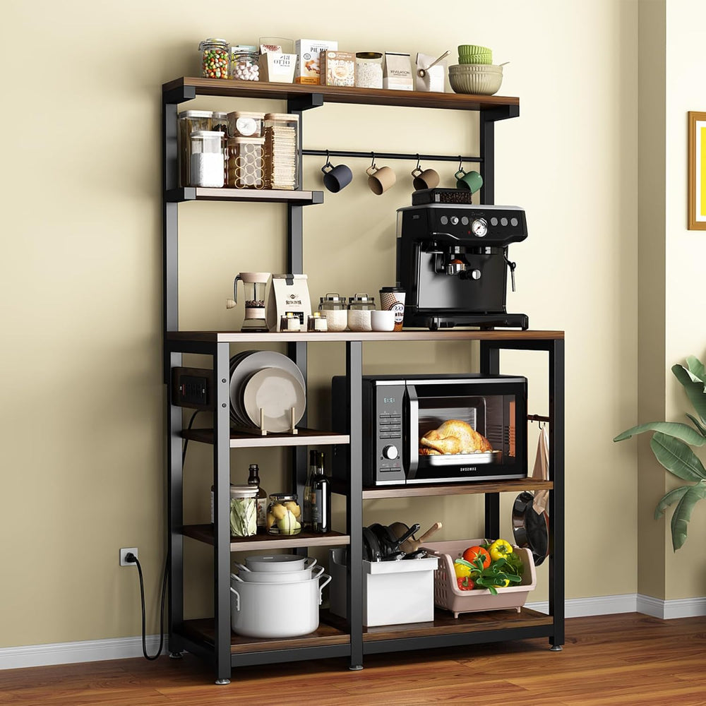 Large Bakers Rack with Power Outlet, Coffee Bar & Microwave Stand