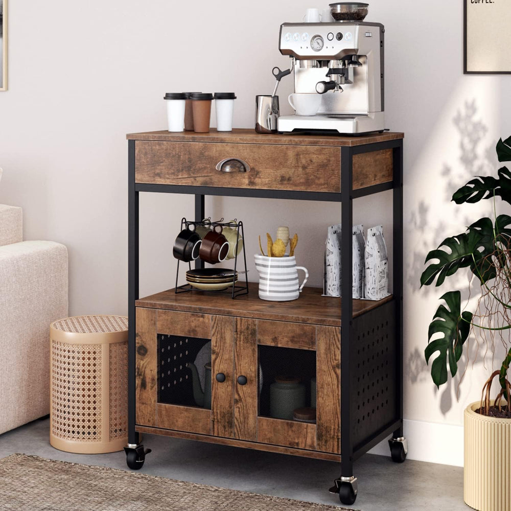 Coffee Bar Cart Cabinet,3 Tier Coffee Station Table on Wheels,Coffee Cart wit...