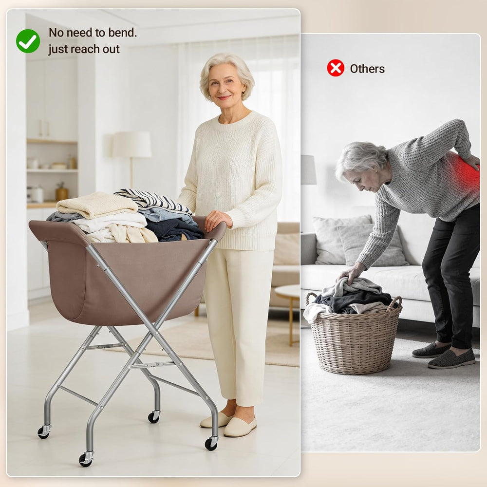 ELYKEN Laundry Basket with Wheels, Collapsible Laundry Hamper, Camel Brown