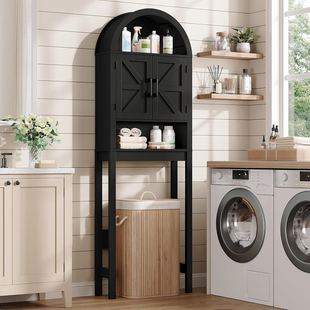 Arched Over The Toilet Storage Cabinet with Barn Doors, Bathroom Shelf