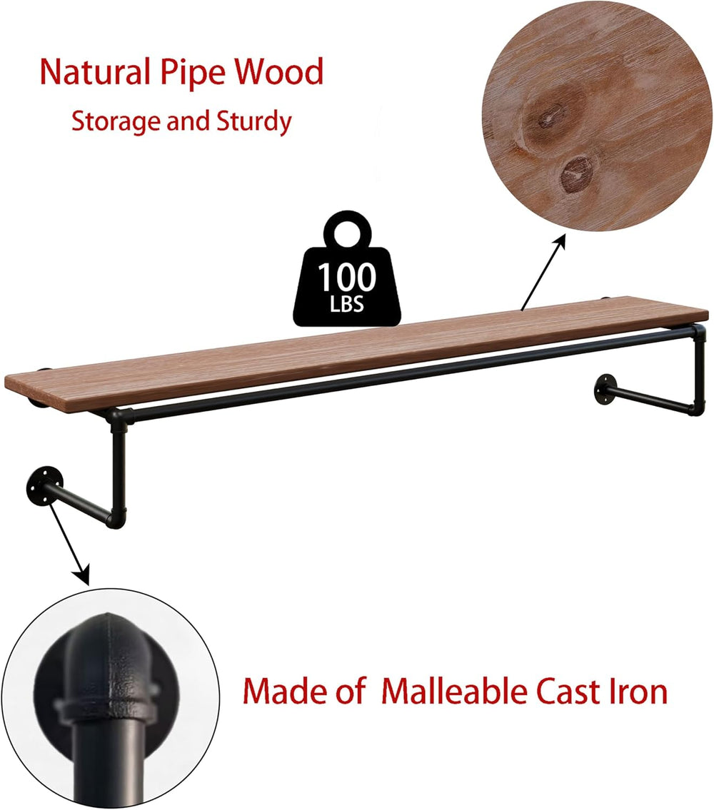 Clothes Rack 60in, Wall Mounted Garment Racks with Real Wood Shelf, Heavy Dut...