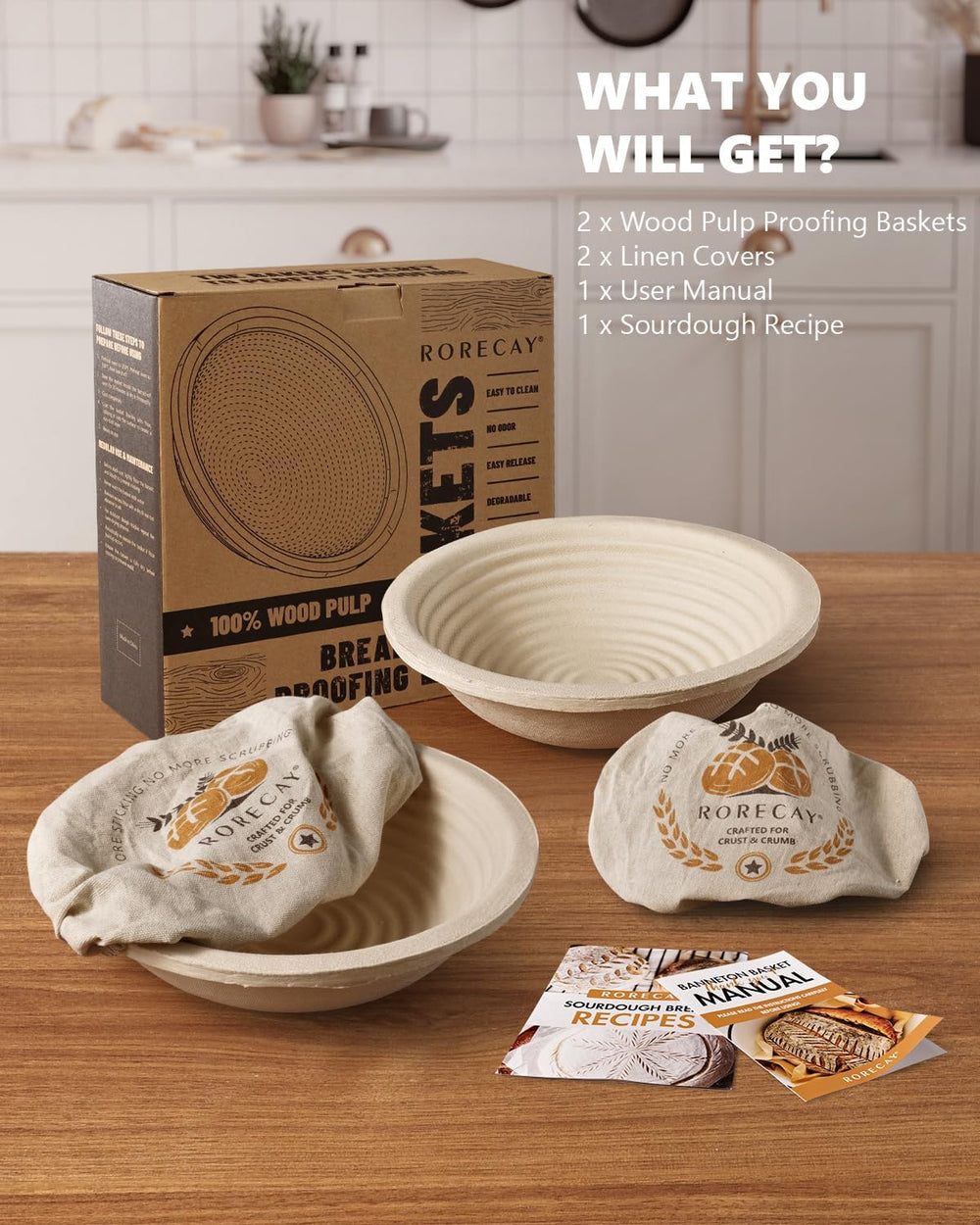 Wood Pulp Banneton Bread Proofing Baskets, Set of 2, 9 Inch Round