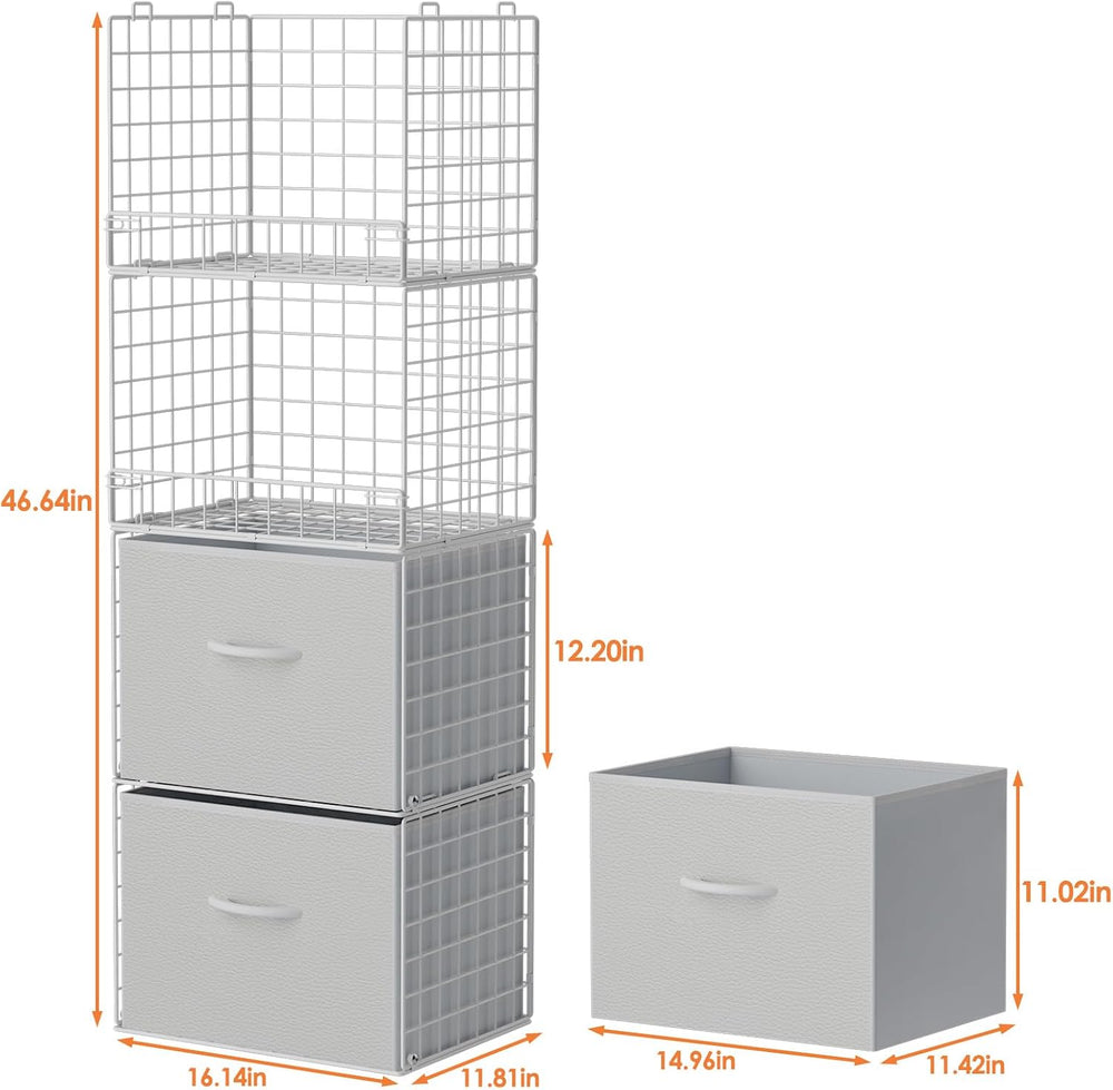 4-Tier Stackable Closet Organizers with 2 Drawers, Foldable Closet Shelf Orga...