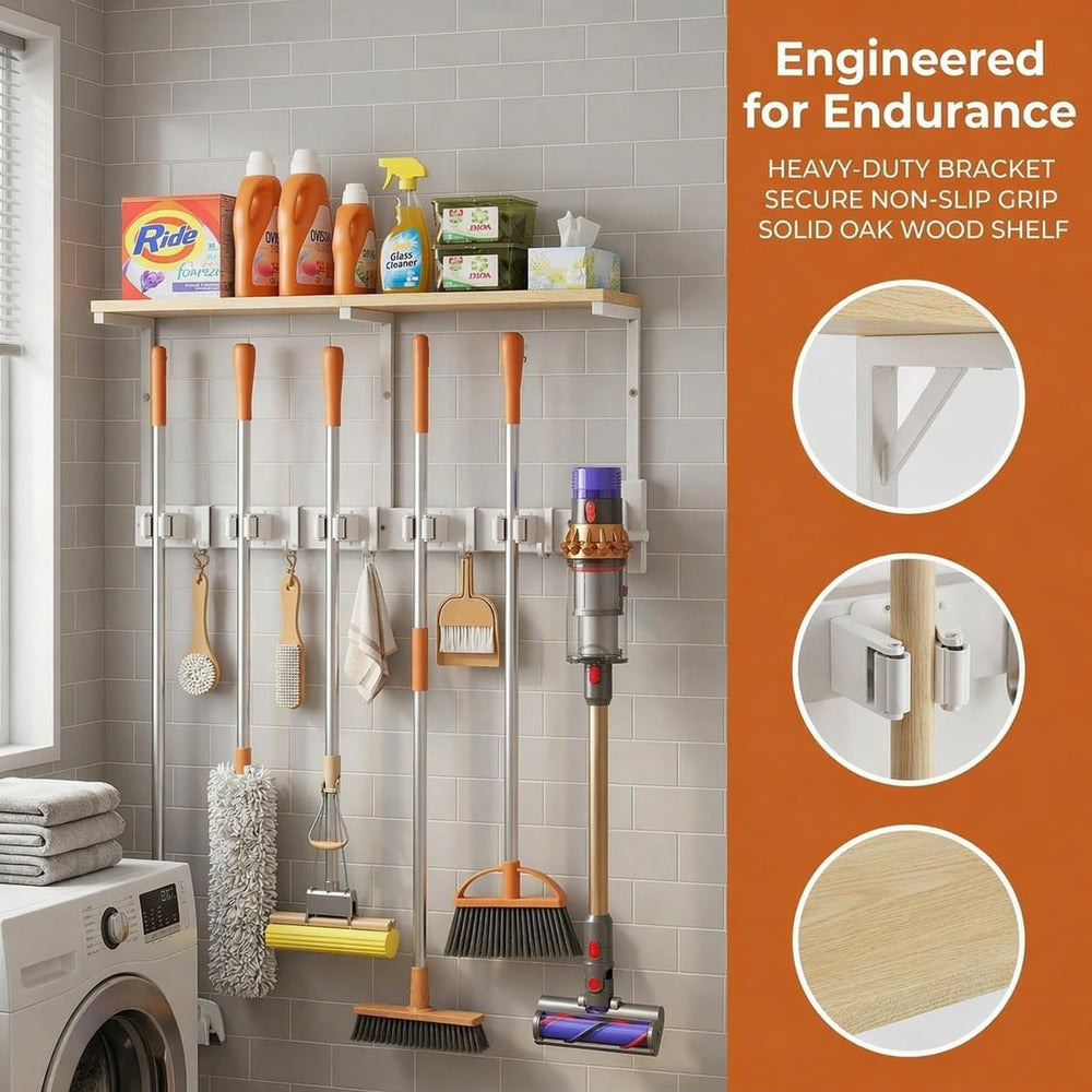 Upgraded Broom Holder Wall Mount with Shelf, Mop and Broom Organizer Wall Han...