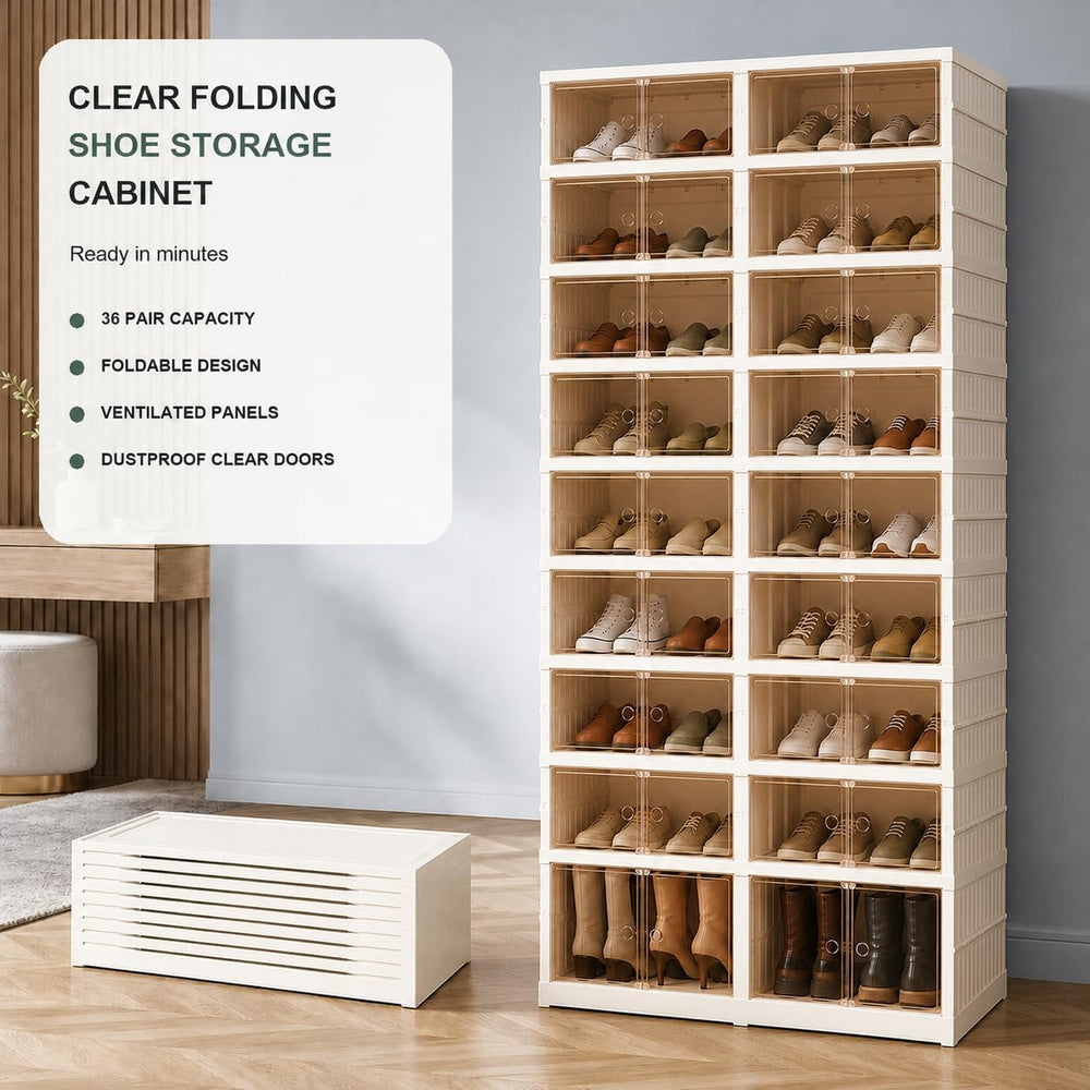 Extra Wide Foldable Shoe Rack with Clear Doors, 9-Tier Shoe Organizer