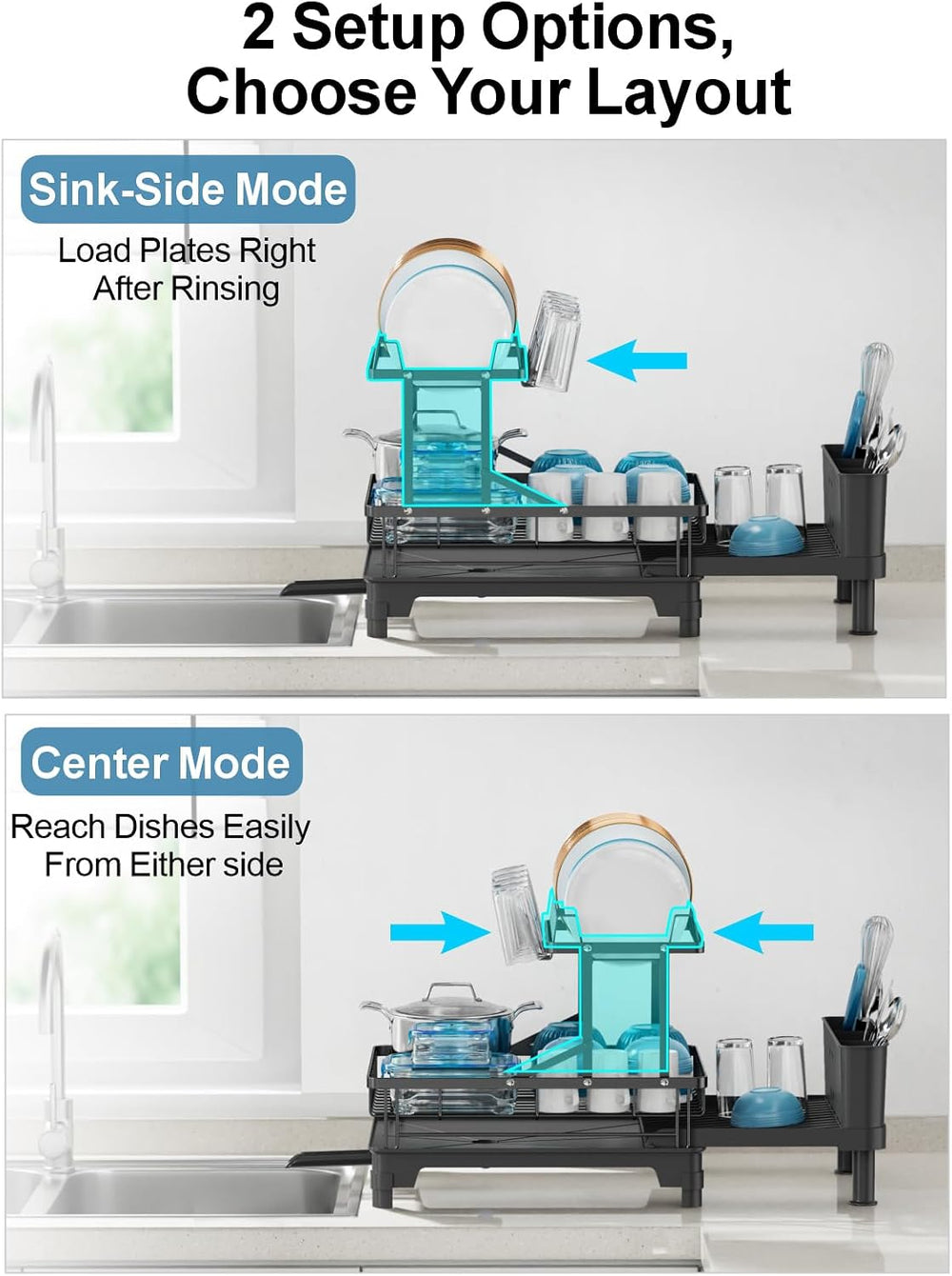 GSlife Large Expandable 2 Tier Dish Drying Rack for Kitchen Counter, Black