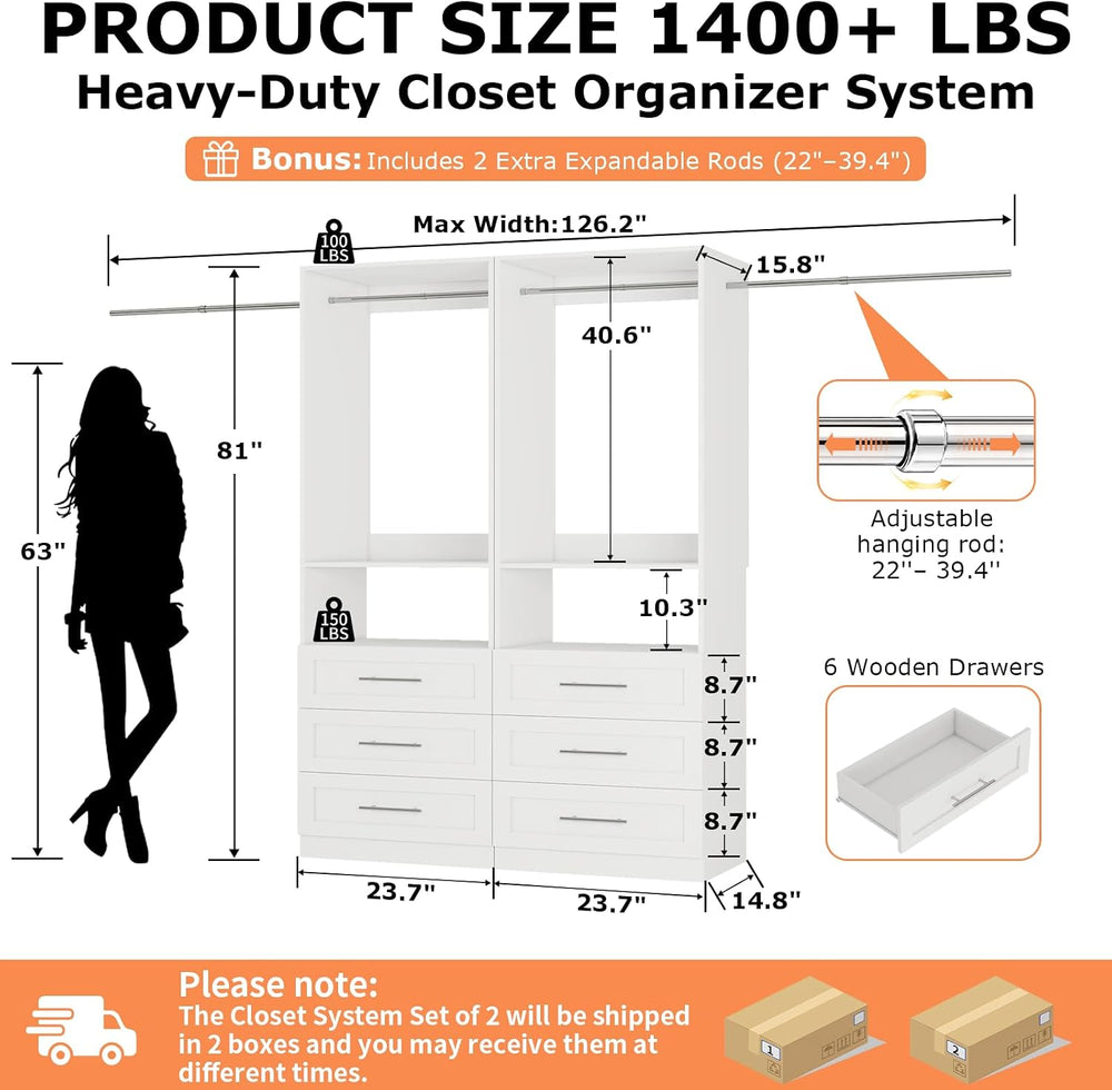 Closet System Set of 2, Closet System with 6 Drawers, 4 Rods & 2 Shelves,...