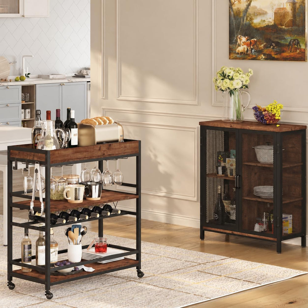 Rolling Bar Cart on Wheels for Home with Wine Rack, Glass Holder