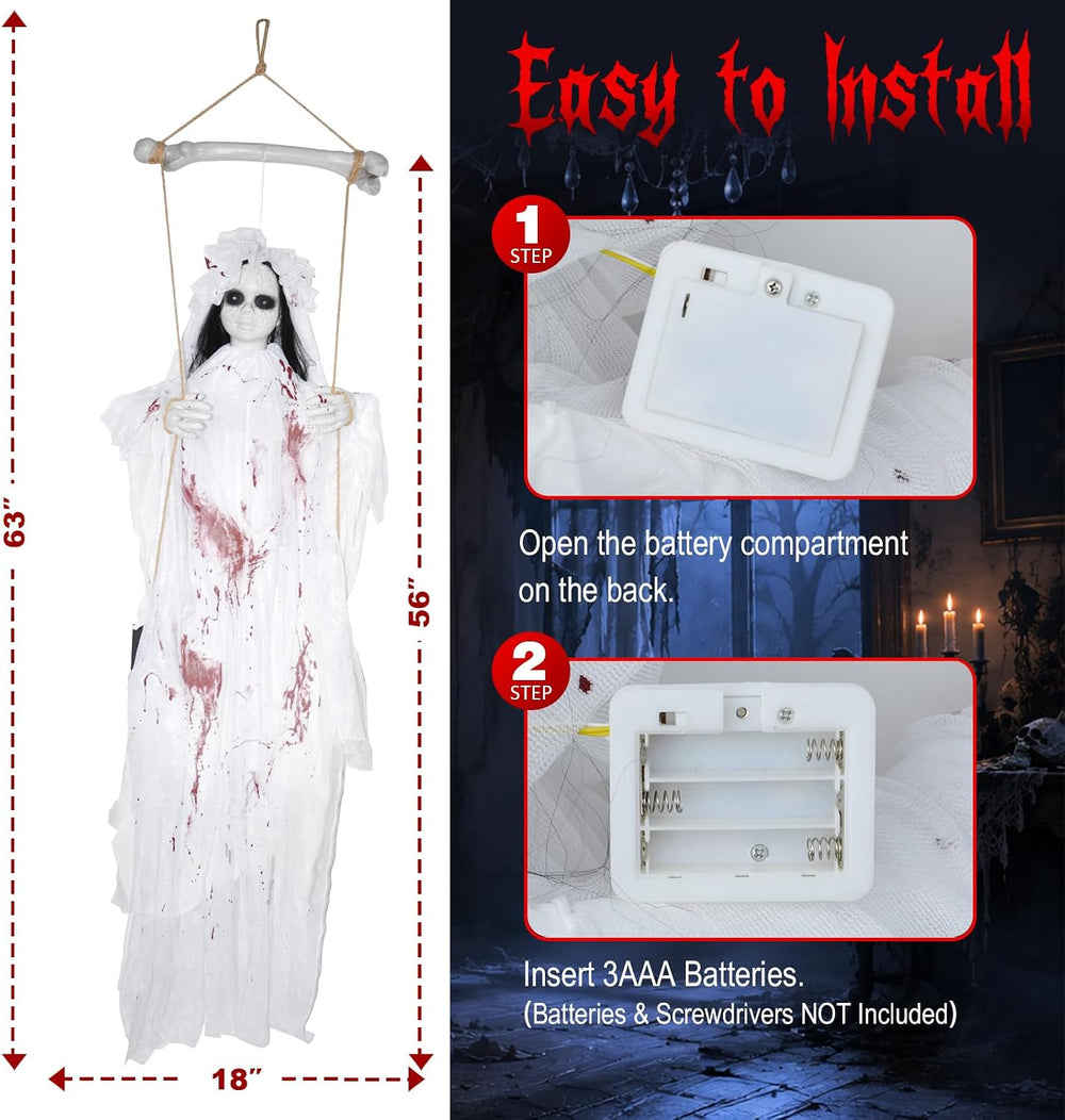 56" Halloween Swinging Ghost Girl Hanging Prop Indoor Outdoor Decorations