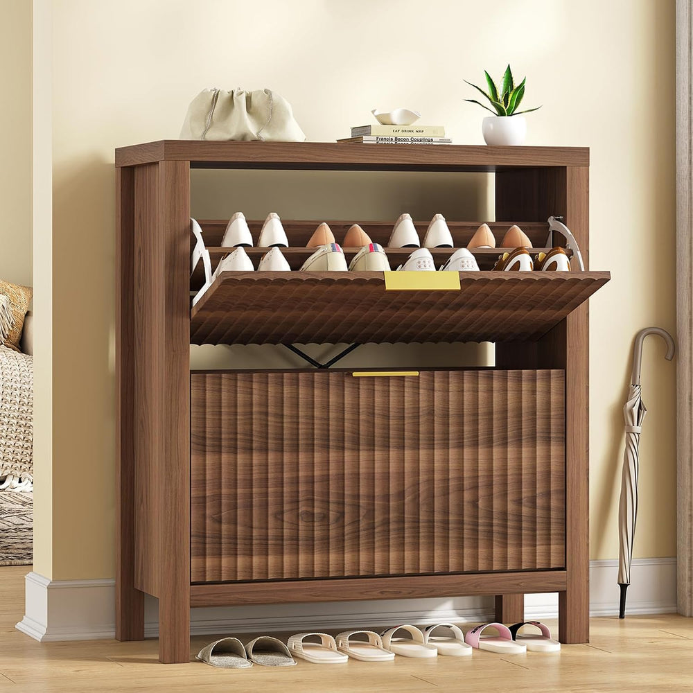 Fluted Shoe Cabinet Storage with 2 Flip Drawers for Entryway, Hallway