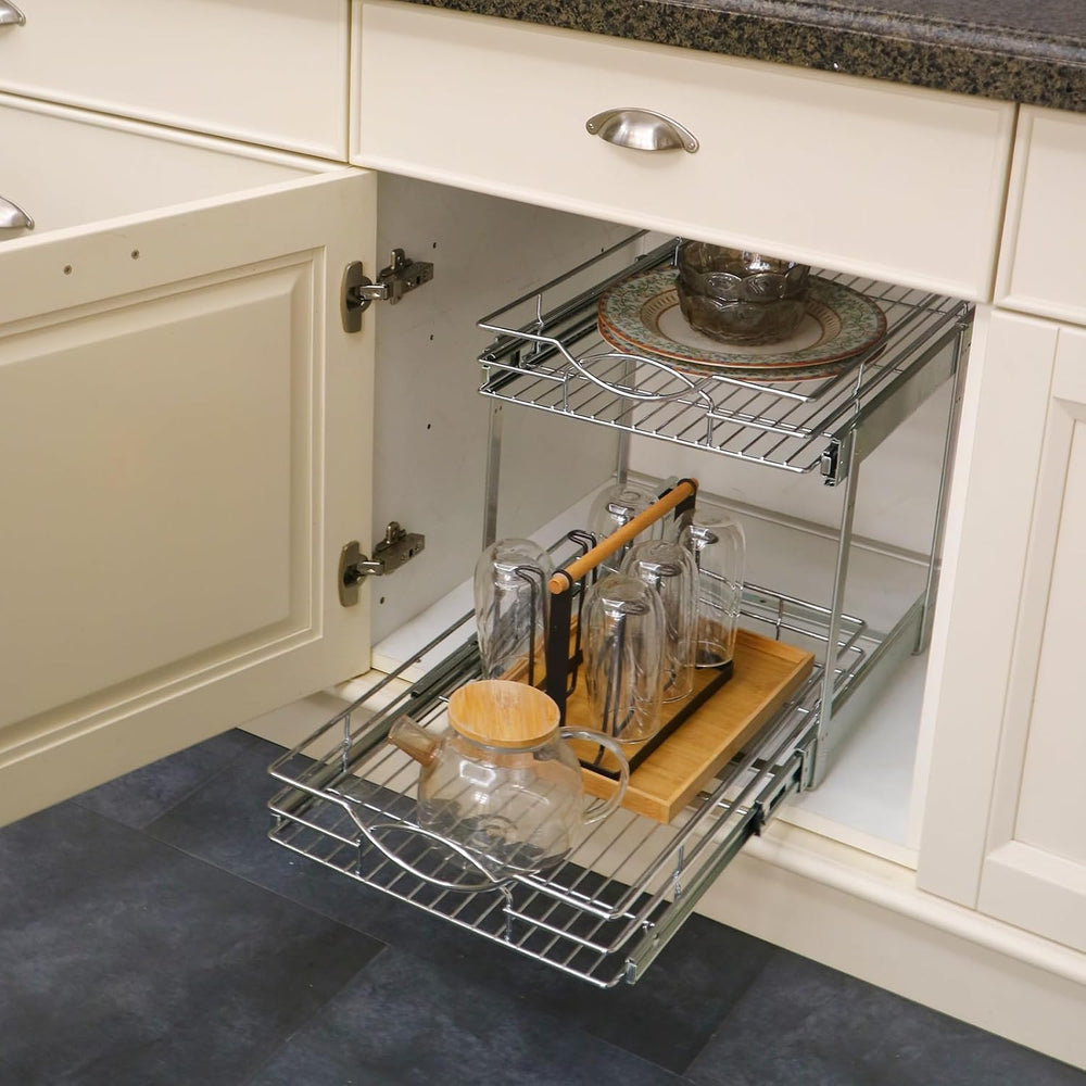 Sikarou Pull Out Cabinet Organizer 9"W 21"D 2-Tier Slide Out Storag...