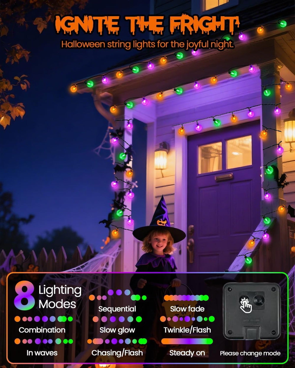 2 Pack 100 LED Purple Orange and Green Solar Halloween Lights Outdoor